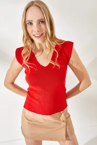 Olalook Women's Red Shoulder and Skirt Detailed Front Back V Knitwear Blouse - Image 3