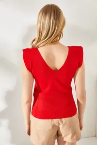 Olalook Women's Red Shoulder and Skirt Detailed Front Back V Knitwear Blouse - Image 5