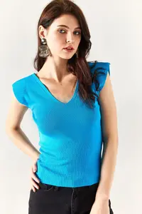 Olalook Women's Turquoise Shoulder and Skirt Detailed Front Back V Knitwear Blouse - Image 4