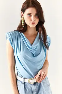 Olalook Women's Baby Blue Padded Collar Loose Blouse