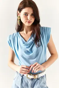 Olalook Women's Baby Blue Padded Collar Loose Blouse - Image 3