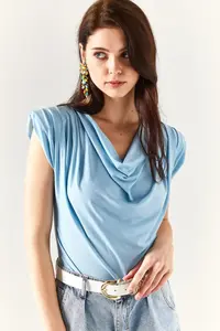 Olalook Women's Baby Blue Padded Collar Loose Blouse - Image 4