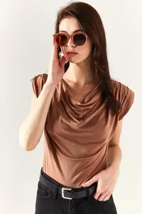 Olalook Women's Camel Padded Collar Loose Blouse - Image 2