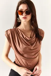 Olalook Women's Camel Padded Collar Loose Blouse - Image 3