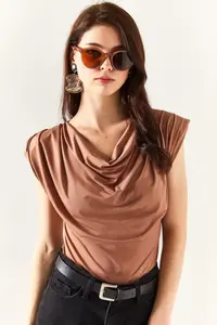 Olalook Women's Camel Padded Collar Loose Blouse - Image 4