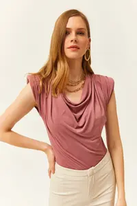 Olalook Women's Dusty Rose Padded Collar Collar Loose Blouse - Image 3