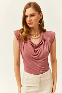 Olalook Women's Dusty Rose Padded Collar Collar Loose Blouse - Image 4