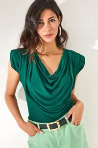 Olalook Women's Emerald Green Padded Collar Loose Blouse