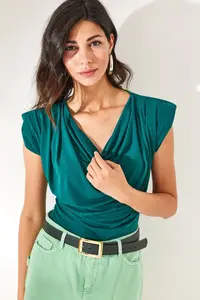 Olalook Women's Emerald Green Padded Collar Loose Blouse - Image 2