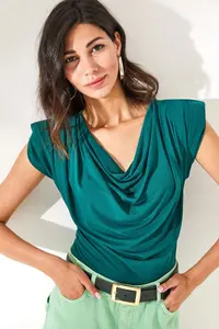 Olalook Women's Emerald Green Padded Collar Loose Blouse - Image 5