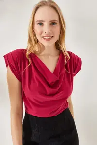Olalook Women's Fuchsia Padded Collar Loose Blouse