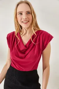 Olalook Women's Fuchsia Padded Collar Loose Blouse - Image 3
