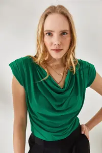 Olalook Women's Grass Green Padded Collar Loose Blouse - Image 5