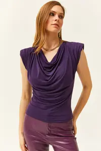 Olalook Women's Purple Padded Collar Loose Blouse - Image 2