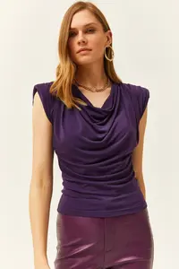 Olalook Women's Purple Padded Collar Loose Blouse - Image 4