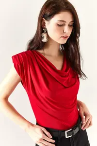 Olalook Women's Red Padded Collar Loose Blouse