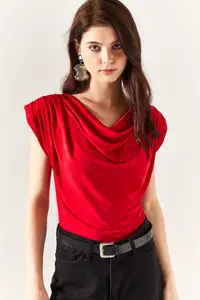 Olalook Women's Red Padded Collar Loose Blouse - Image 2