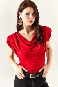 Olalook Women's Red Padded Collar Loose Blouse - Image 3