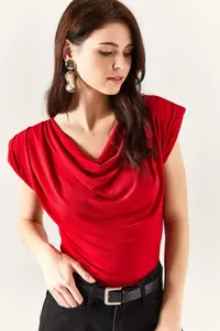 Olalook Women's Red Padded Collar Loose Blouse - Image 4