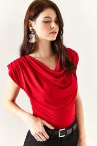 Olalook Women's Red Padded Collar Loose Blouse - Image 5