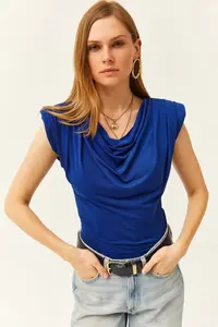 Olalook Women's Saks Blue Padded Collar Loose Blouse