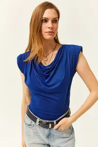 Olalook Women's Saks Blue Padded Collar Loose Blouse - Image 3
