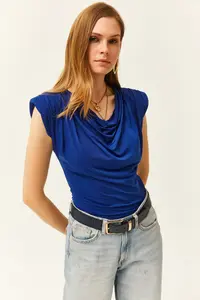 Olalook Women's Saks Blue Padded Collar Loose Blouse - Image 4