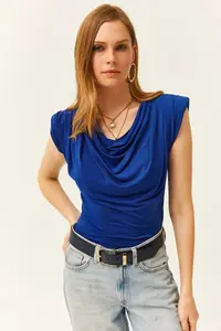 Olalook Women's Saks Blue Padded Collar Loose Blouse - Image 5