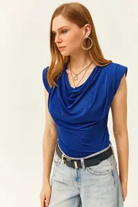Olalook Women's Saks Blue Padded Collar Loose Blouse - Image 6