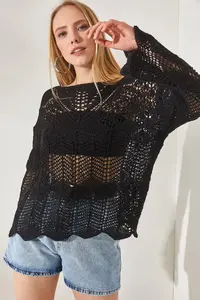 Olalook Women's Black V Detailed Spanish Sleeve Openwork Blouse