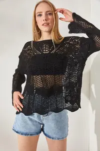 Olalook Women's Black V Detailed Spanish Sleeve Openwork Blouse - Image 2