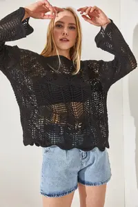 Olalook Women's Black V Detailed Spanish Sleeve Openwork Blouse - Image 3