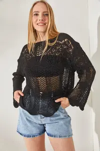 Olalook Women's Black V Detailed Spanish Sleeve Openwork Blouse - Image 4