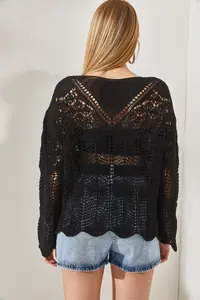 Olalook Women's Black V Detailed Spanish Sleeve Openwork Blouse - Image 5