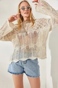Olalook Women's Ecru V Detailed Spanish Sleeve Openwork Blouse