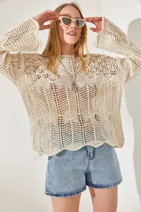 Olalook Women's Ecru V Detailed Spanish Sleeve Openwork Blouse - Image 4