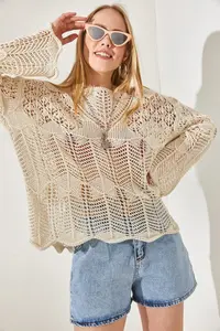 Olalook Women's Ecru V Detailed Spanish Sleeve Openwork Blouse - Image 5