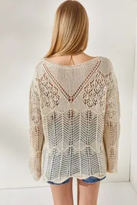 Olalook Women's Ecru V Detailed Spanish Sleeve Openwork Blouse - Image 6