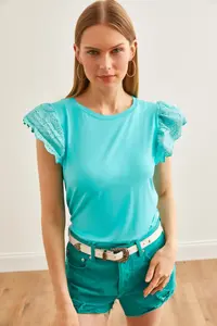 Olalook Women's Mint Green Scalloped Knitted Viscose Blouse