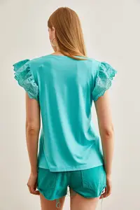Olalook Women's Mint Green Scalloped Knitted Viscose Blouse - Image 2