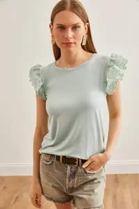 Olalook Women's Aqua Green Scalloped Knitted Viscose Blouse - Image 2