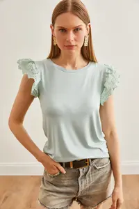 Olalook Women's Aqua Green Scalloped Knitted Viscose Blouse - Image 3