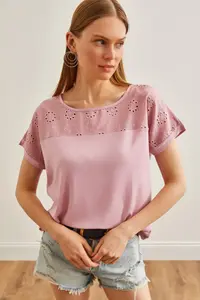 Olalook Women's Dusty Rose Scallop Detailed Bat Blouse