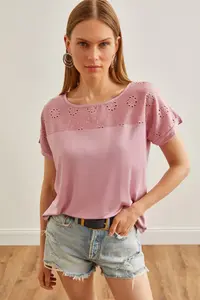 Olalook Women's Dusty Rose Scallop Detailed Bat Blouse - Image 2