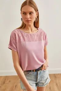 Olalook Women's Dusty Rose Scallop Detailed Bat Blouse - Image 3