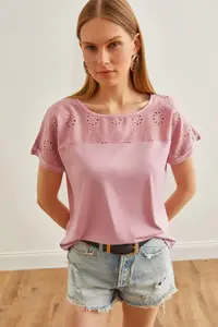 Olalook Women's Dusty Rose Scallop Detailed Bat Blouse - Image 4