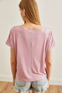Olalook Women's Dusty Rose Scallop Detailed Bat Blouse - Image 5