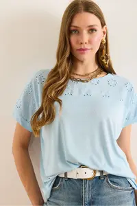 Olalook Women's Light Blue Scallop Detailed Bat Blouse