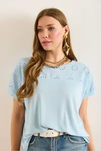 Olalook Women's Light Blue Scallop Detailed Bat Blouse - Image 6