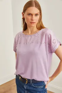 Olalook Women Lilac Fisto Detailed Yarasa Blouse - Image 2